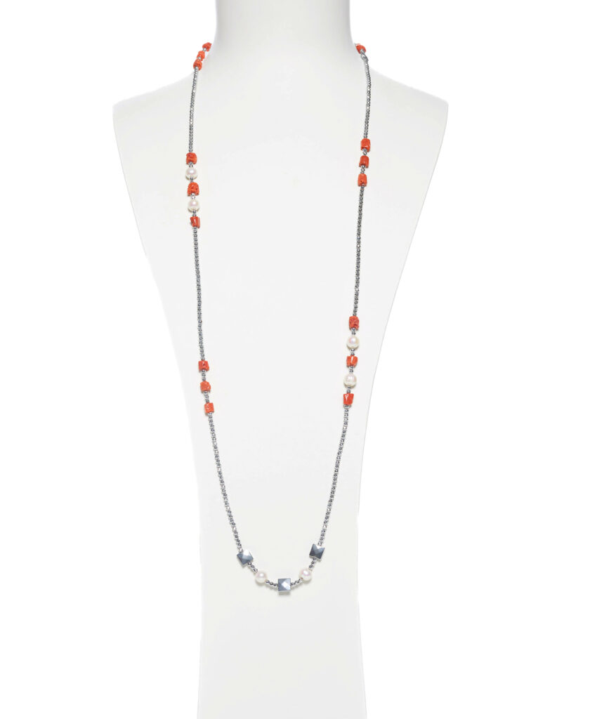 Collana lunga in Perle e Corallo, con Ematite