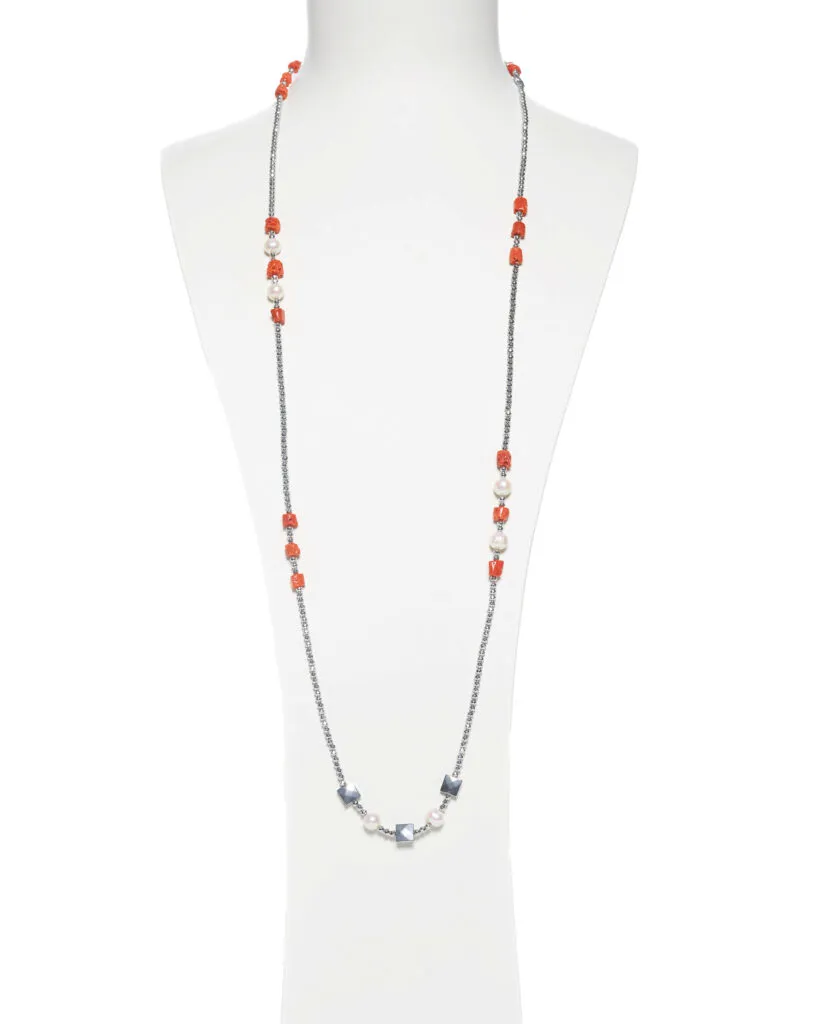 Collana lunga in Perle e Corallo, con Ematite