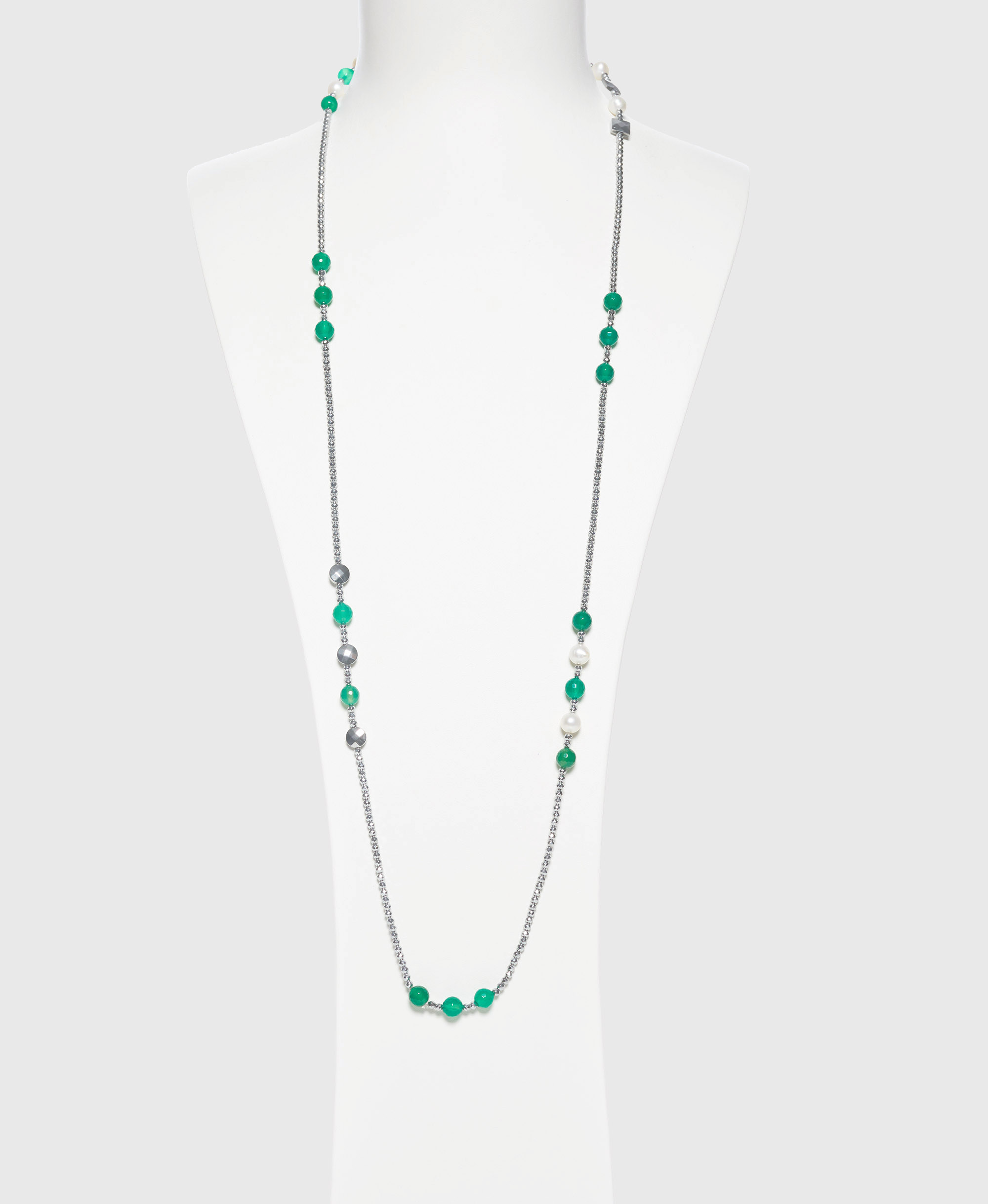 Collana medio lunga in Agata Verde, perle ed Ematite