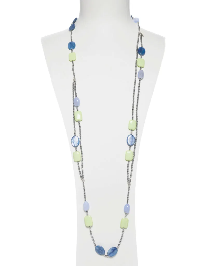 Collana lunga in Cianite e Calcedonio, con Ematite