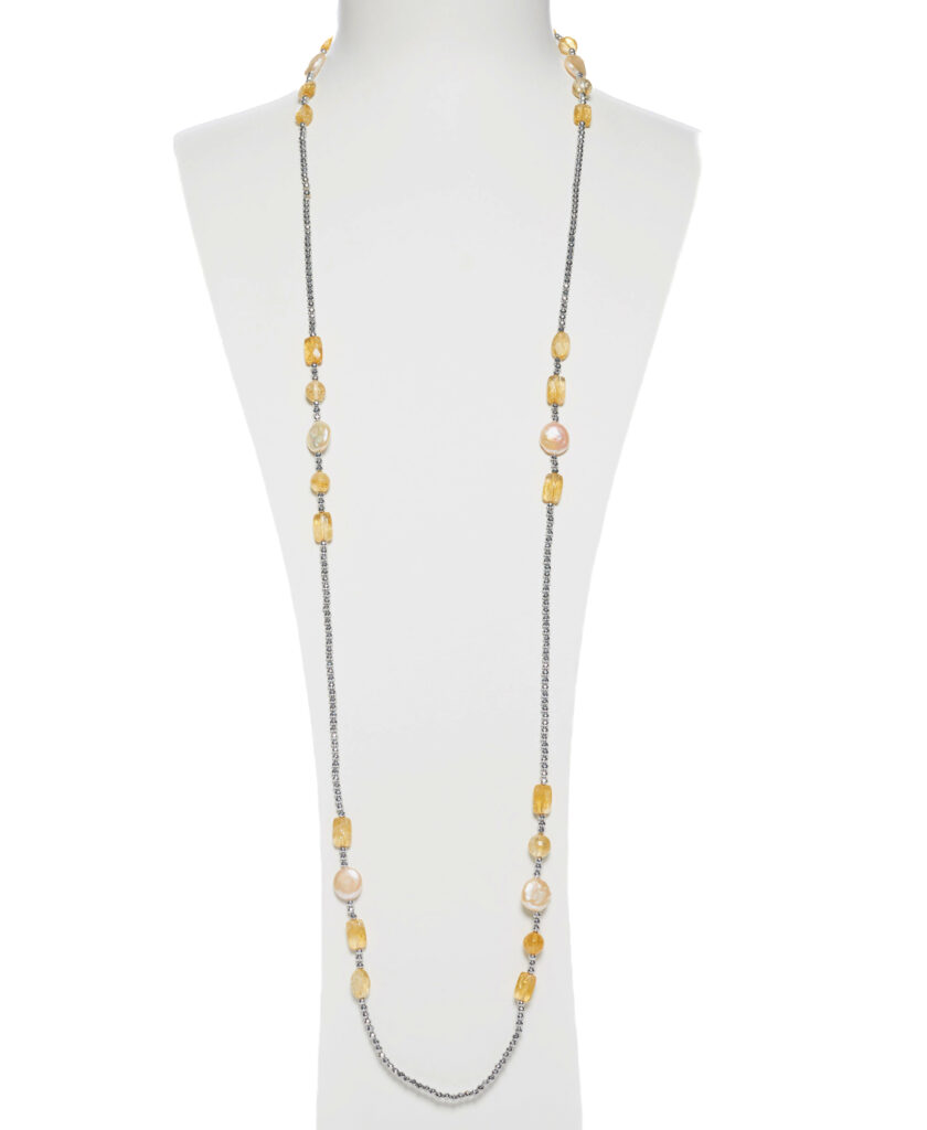Collana lunga in Citrino, Perle ed Ematite rodiata