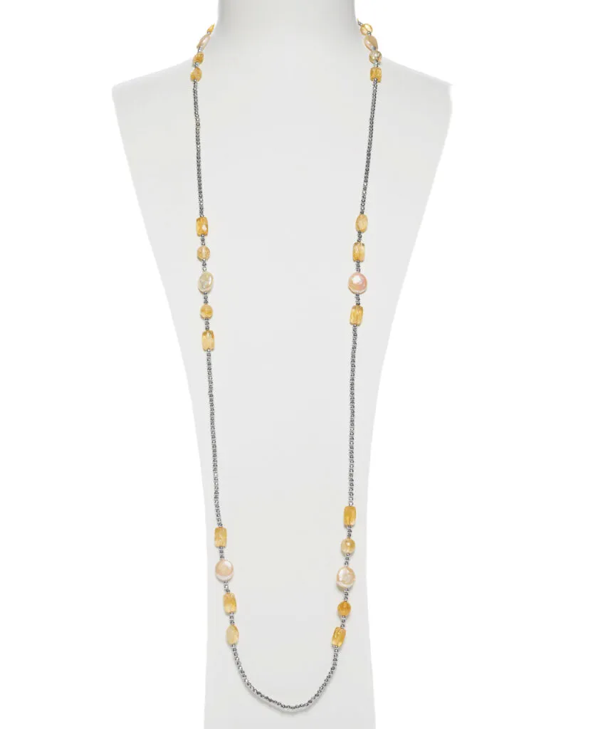 Collana lunga in Citrino, Perle ed Ematite rodiata