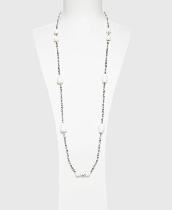Collana lunga in Corallo Bianco ed Ematite rodiata