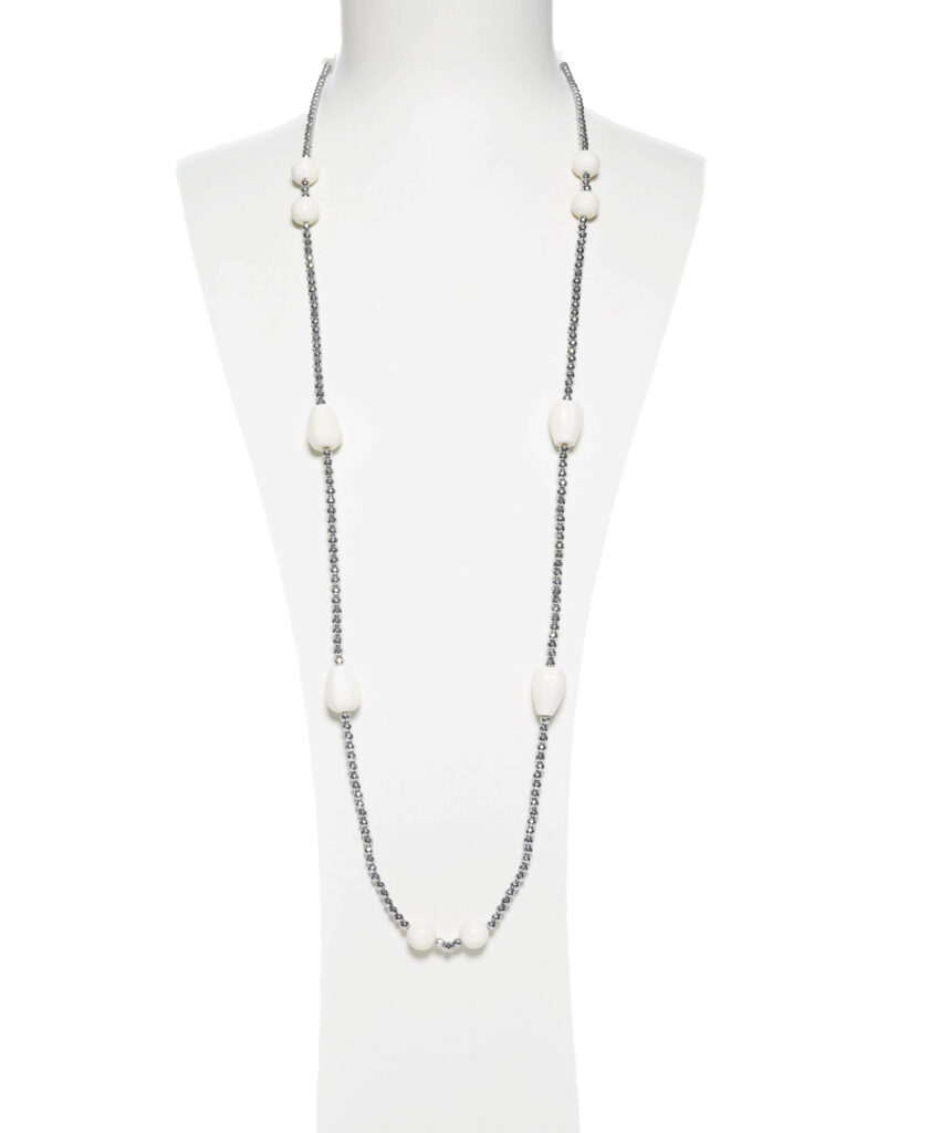 Collana lunga in Corallo Bianco ed Ematite rodiata
