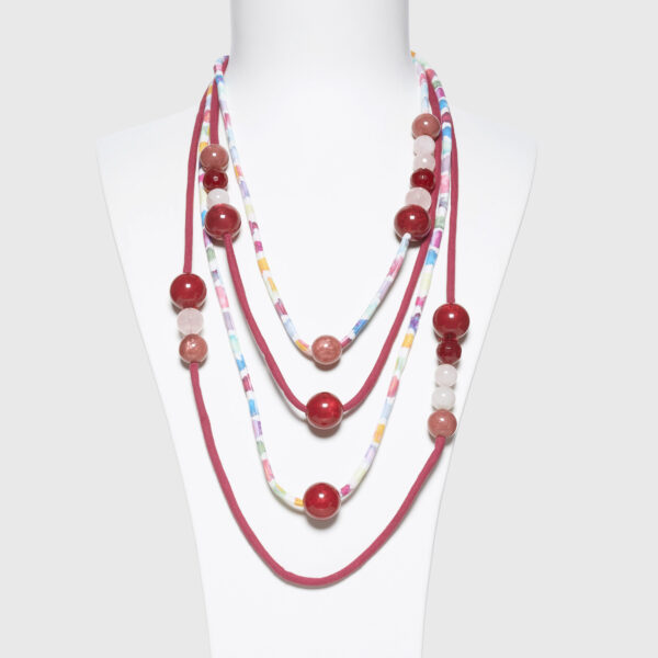 Collana in tessuto con Elementi in resina e Quarzo Rosa