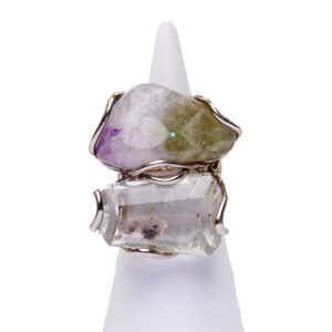 Bague réglable en argent avec Fluorite et Lodolite