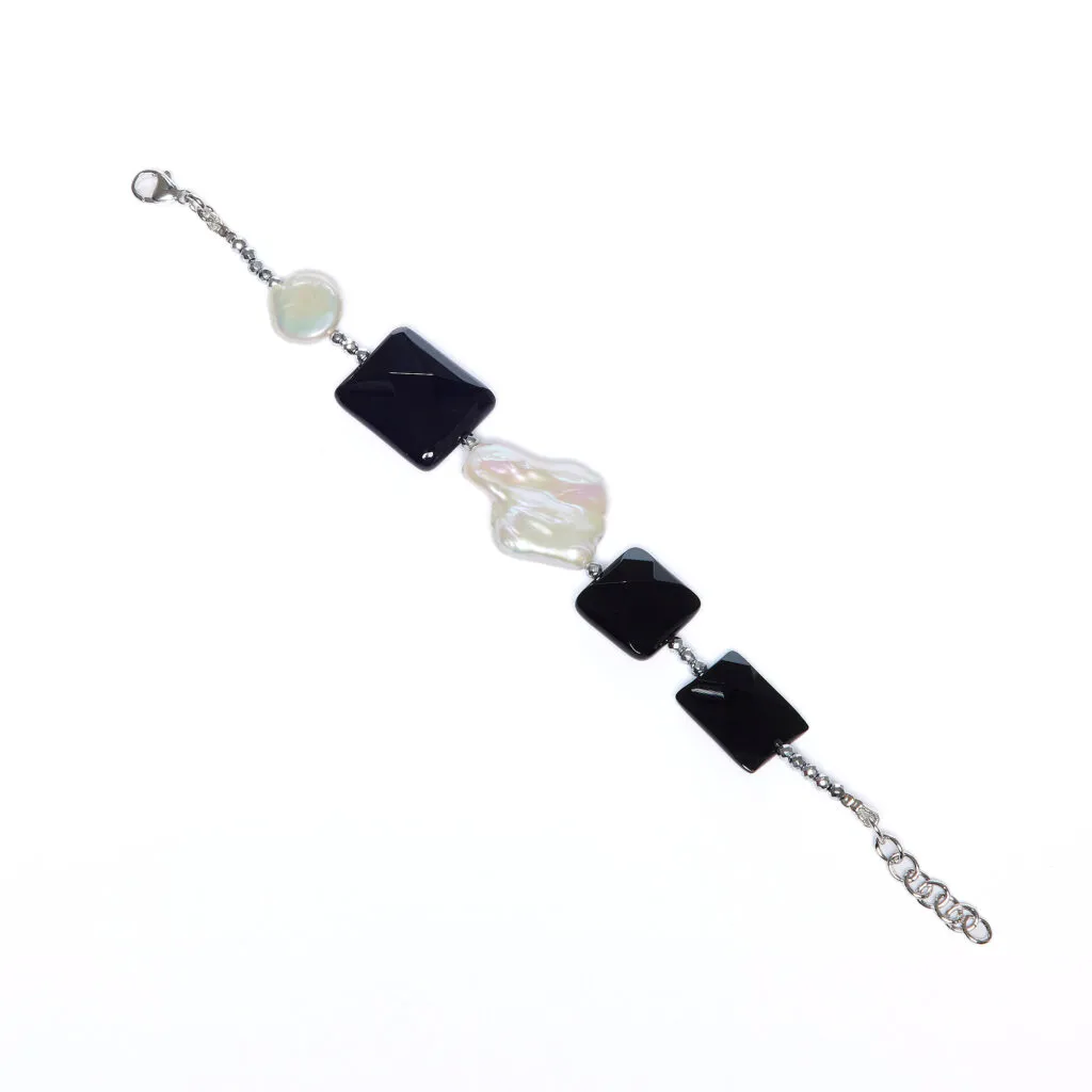 Bracciale in Agata Nera e Perle con Ematite