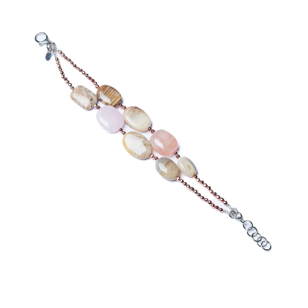 Bracciale in Morganite e Legno Fossile, con Ematite