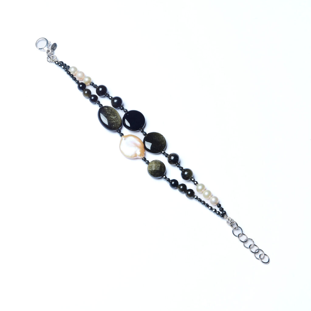 Bracciale a due fili in Agata Nera, Ossidiana e Perle