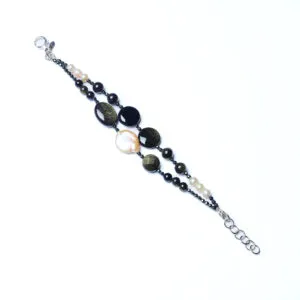 Bracciale a due fili in Agata Nera, Ossidiana e Perle