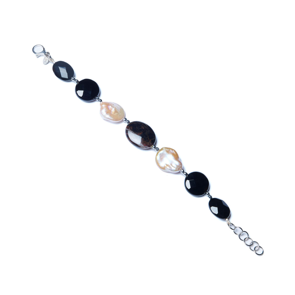 Bracciale in Agata Nera, Perle e Diaspro Pilbara