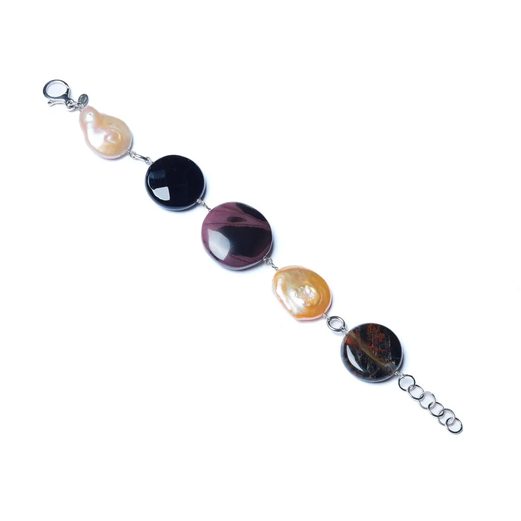 Bracciale in Agata Nera, Diaspro Outback e Perle