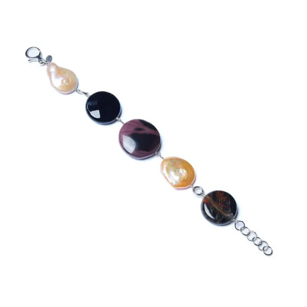 Bracciale in Agata Nera, Diaspro Outback e Perle