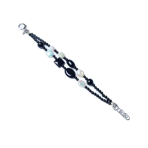 Tweestrengs armband van zwarte agaat en parels