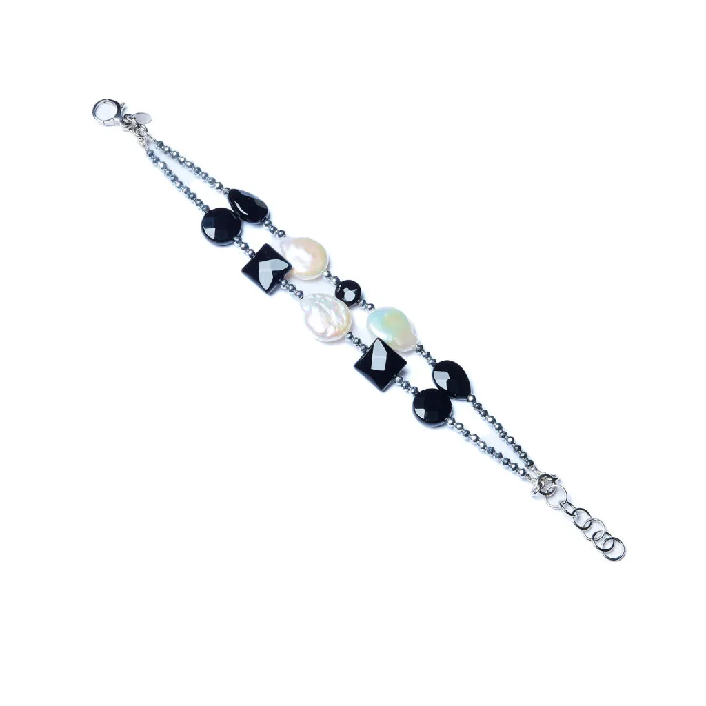 Bracciale infilato in Agata Nera e Perle, con Ematite