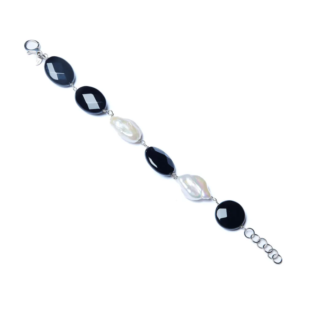 Bracciale rilegato in Agata Nera e Perle