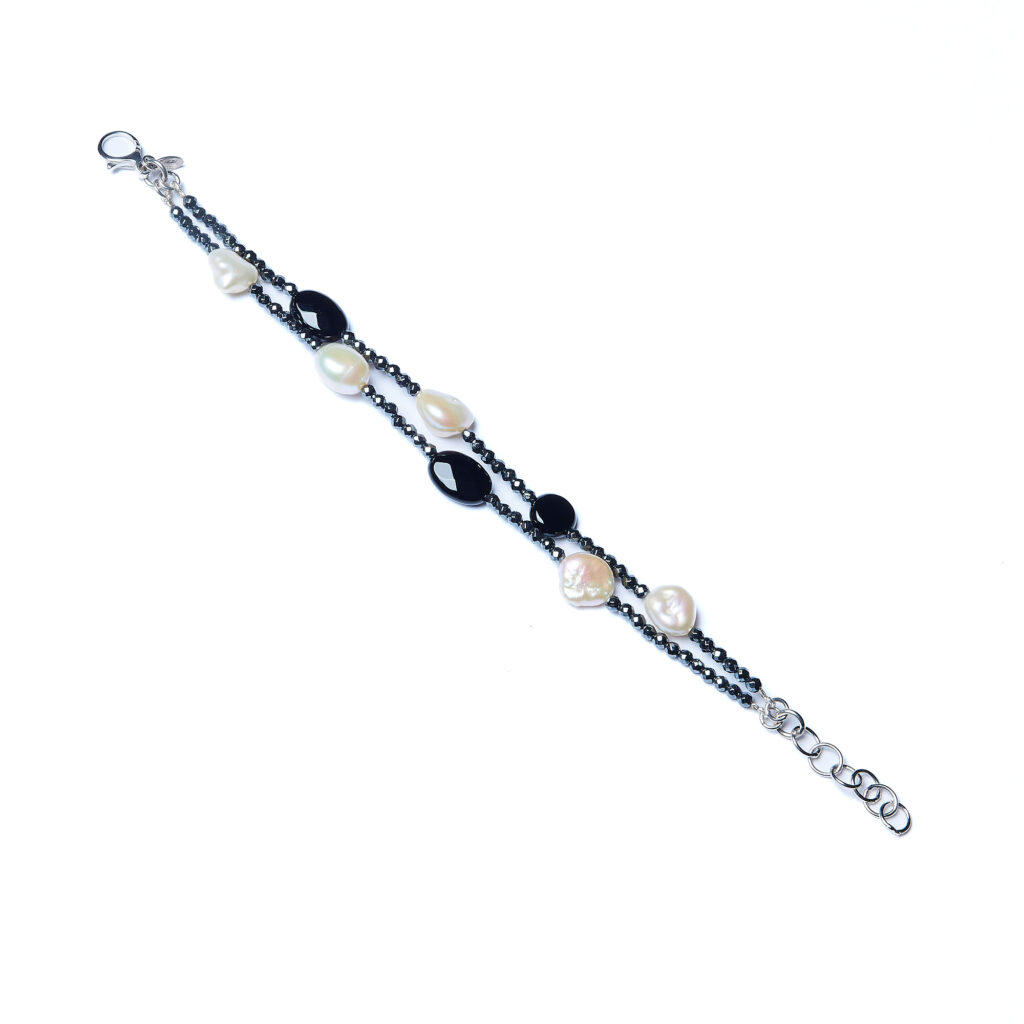 Bracciale a due fili in Ematite, Agata Nera e Perle