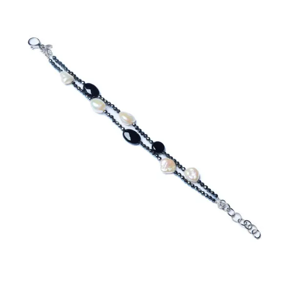 Bracciale a due fili in Ematite, Agata Nera e Perle