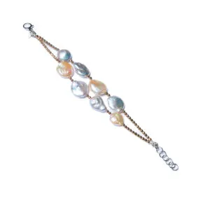 Bracciale a due fili in Ematite dorata e Perle Piatte