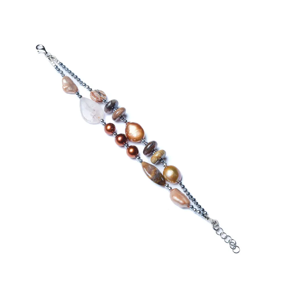 Bracciale in Perle, Lodolite e Legno fossile