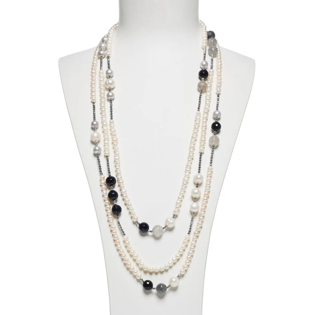 Collana multifilo in Perle, Quarzo Grigio ed Agata