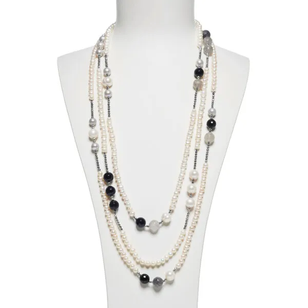 Collana multifilo in Perle, Quarzo Grigio ed Agata