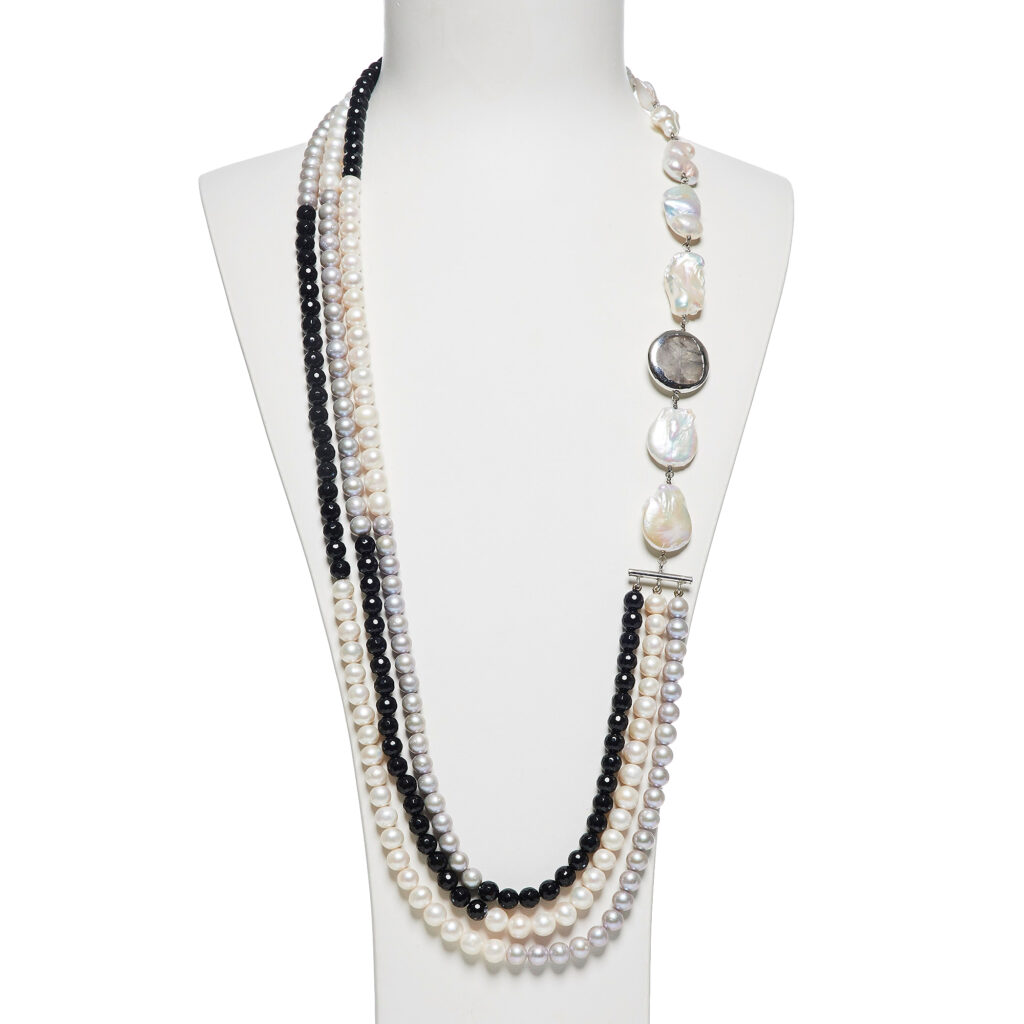 Collana in Perle ed Agata Nera con Quarzo Grigio Scontornato