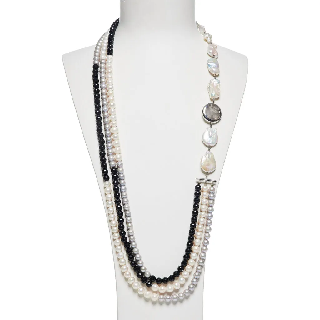 Collana in Perle ed Agata Nera con Quarzo Grigio Scontornato