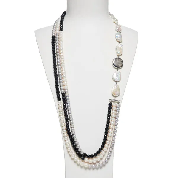 Collana in Perle ed Agata Nera con Quarzo Grigio Scontornato
