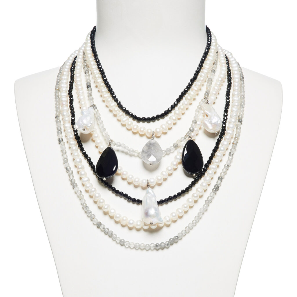 Collana multifilo in Agata, Perle e Quarzo Grigio