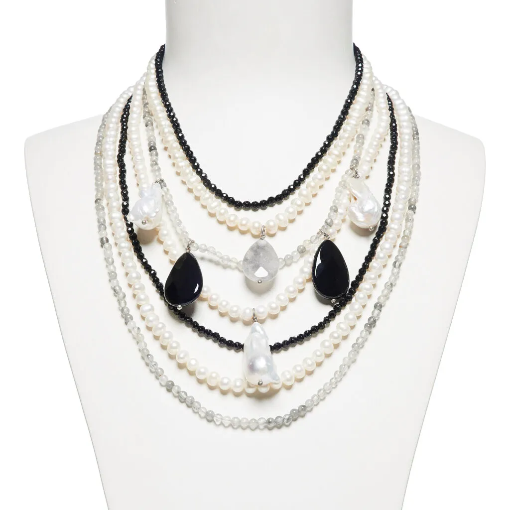 Collana multifilo in Agata, Perle e Quarzo Grigio