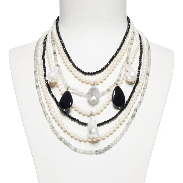 Collana multifilo in Agata, Perle e Quarzo Grigio