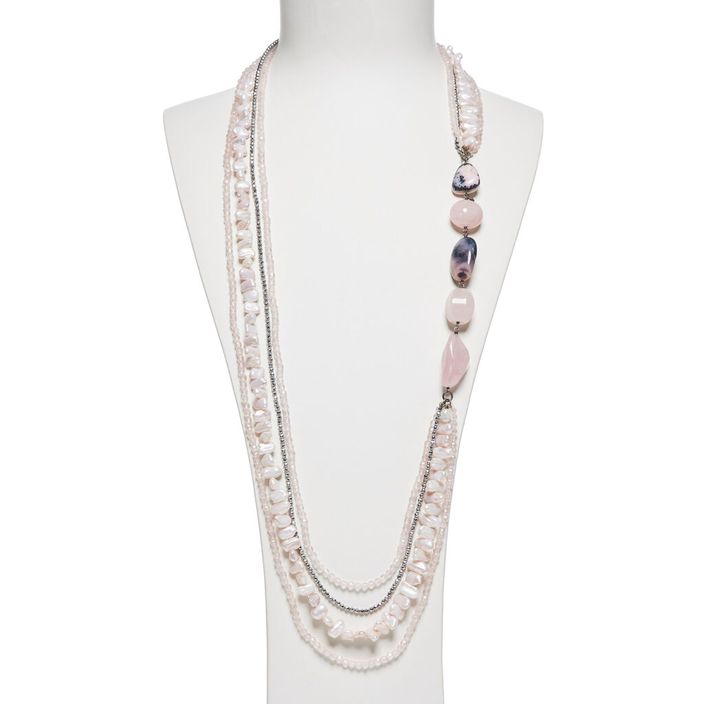 Collana multifilo in Rodonite, Quarzo Rosa e Perle