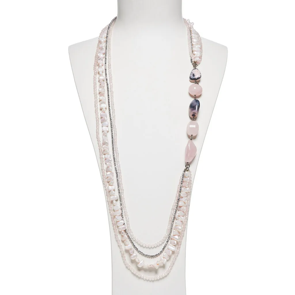 Collana multifilo in Rodonite, Quarzo Rosa e Perle