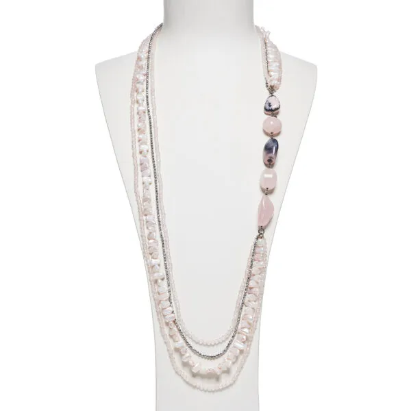 Collana multifilo in Rodonite, Quarzo Rosa e Perle