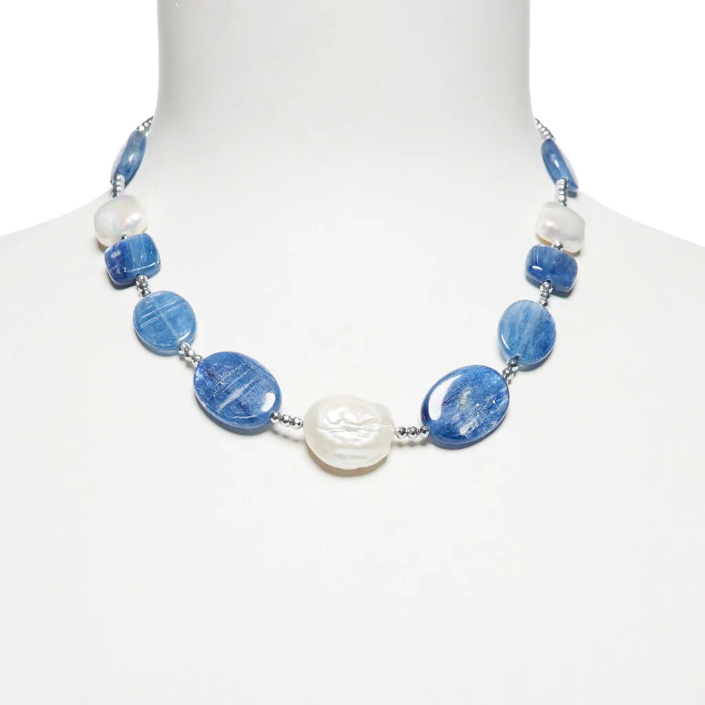 Collana in Cianite, Perle ed Ematite rodiata