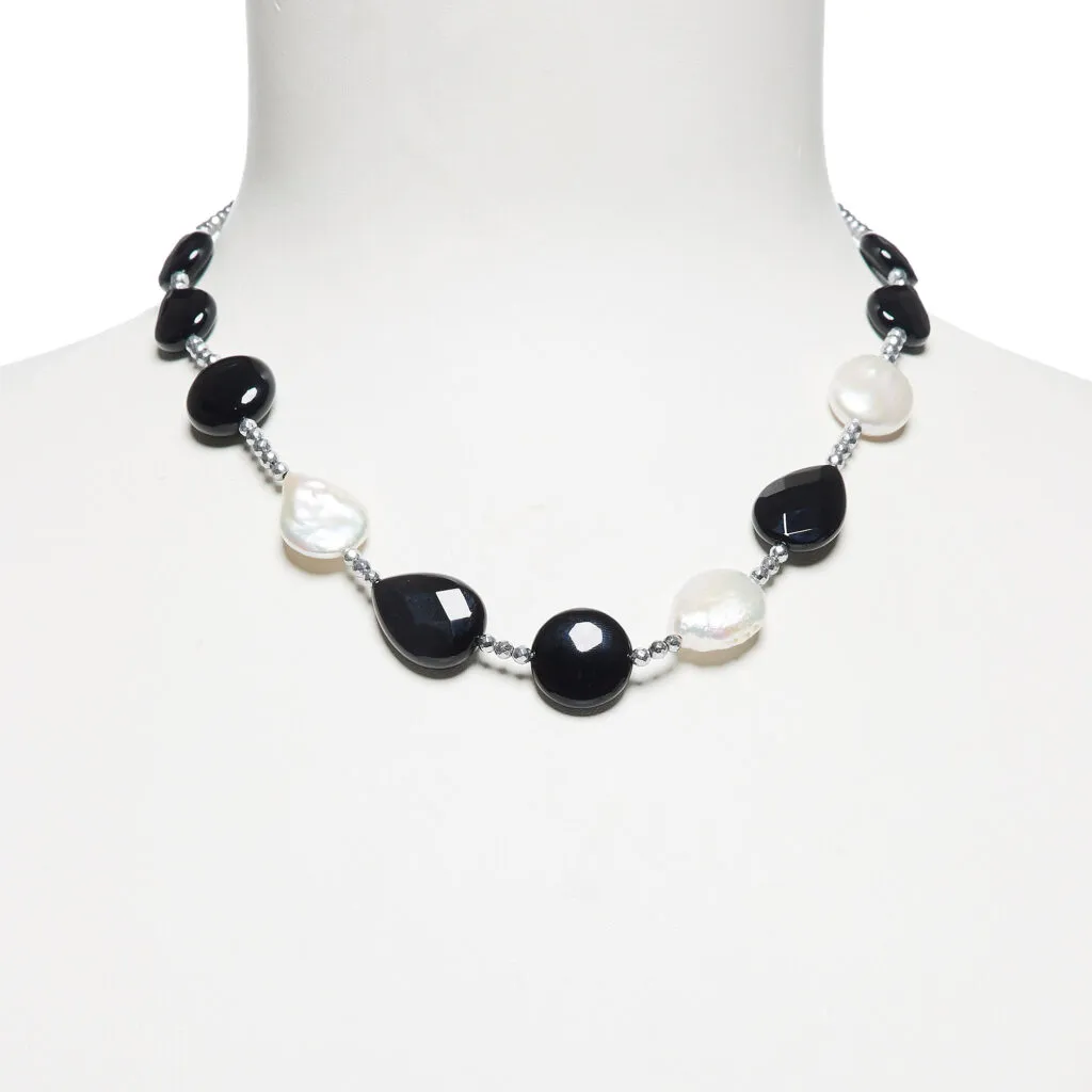 Ketting van zwarte agaat en parels met hematiet