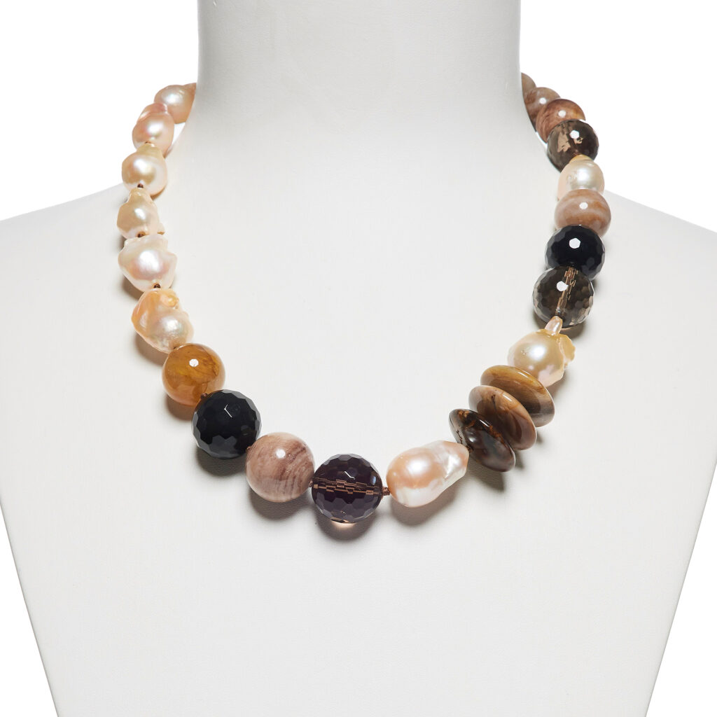 Collana in Perle, Legno Fossile ed Agata