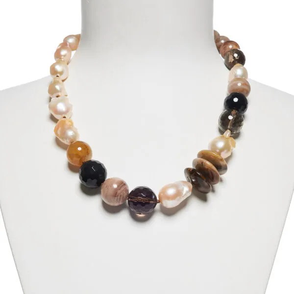Collana in Perle, Legno Fossile ed Agata