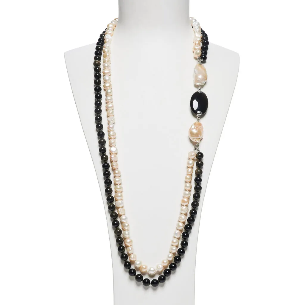 Collana a due fili in Perle ed Ossidiana Gold