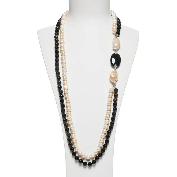 Collana a due fili in Perle ed Ossidiana Gold