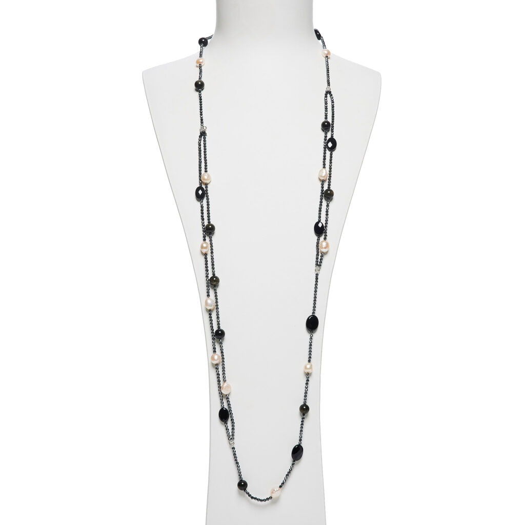 Collana Lunga in Ematite, Perle ed Ossidiana Gold