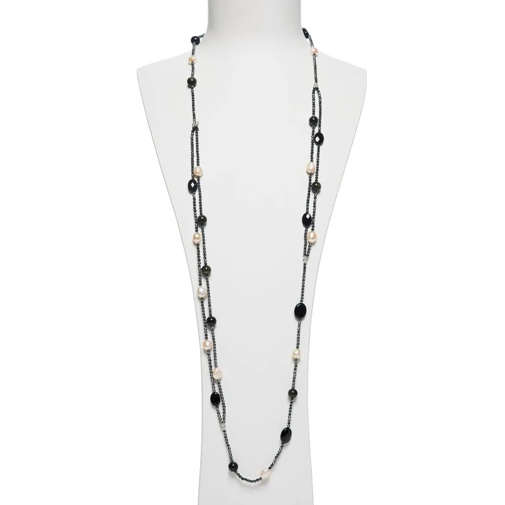 Collana Lunga in Ematite, Perle ed Ossidiana Gold