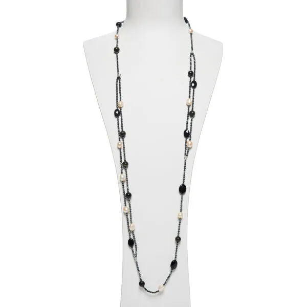 Collana Lunga in Ematite, Perle ed Ossidiana Gold