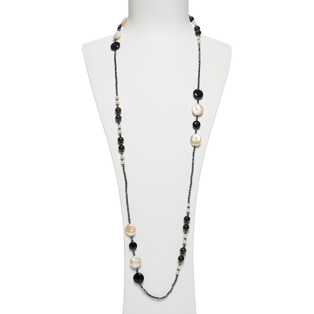 Collana Lunga in Ematite, Perle ed Ossidiana Gold