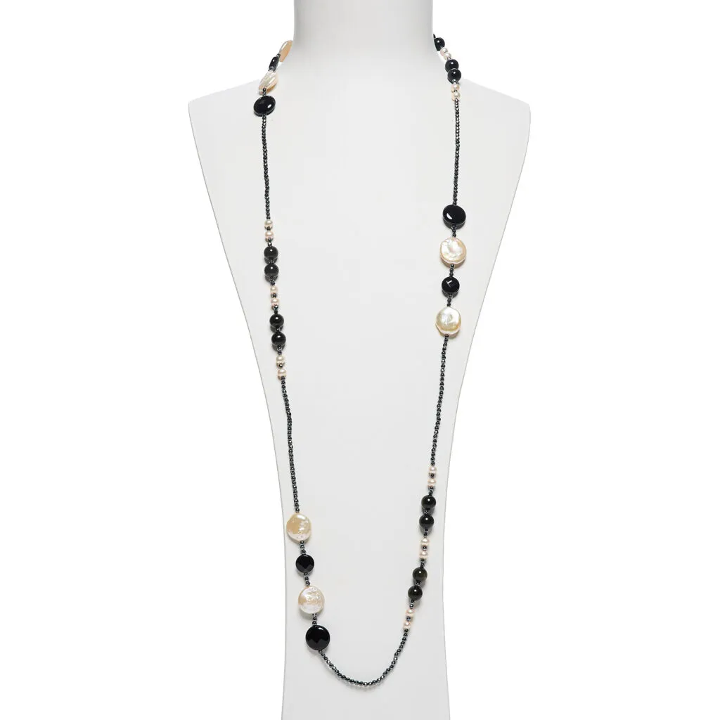 Collana Lunga in Ematite, Perle ed Ossidiana Gold
