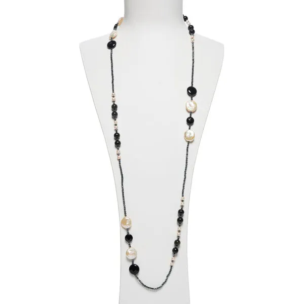 Collana Lunga in Ematite, Perle ed Ossidiana Gold
