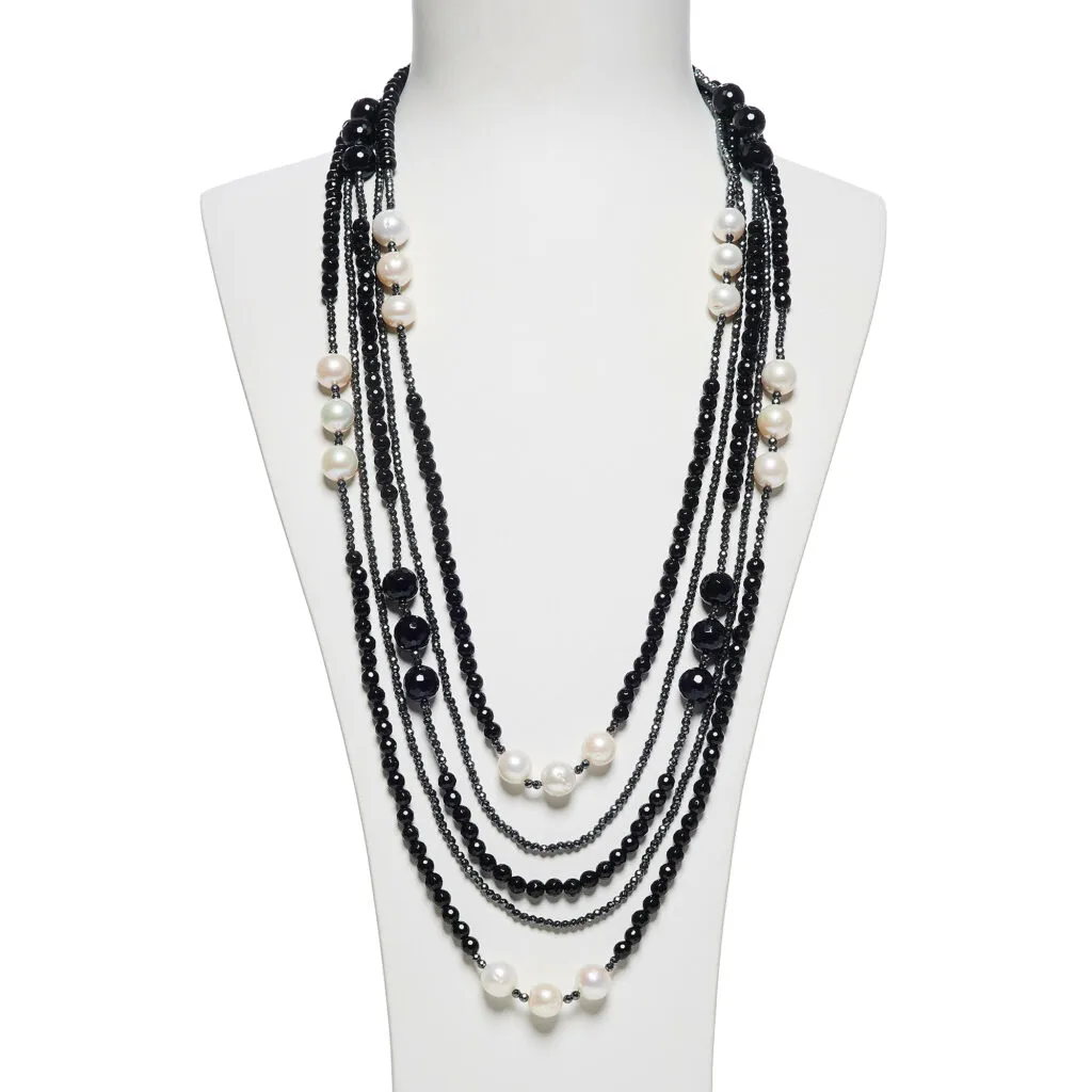 Collana multifilo in Agata Nera, ematite e Perle