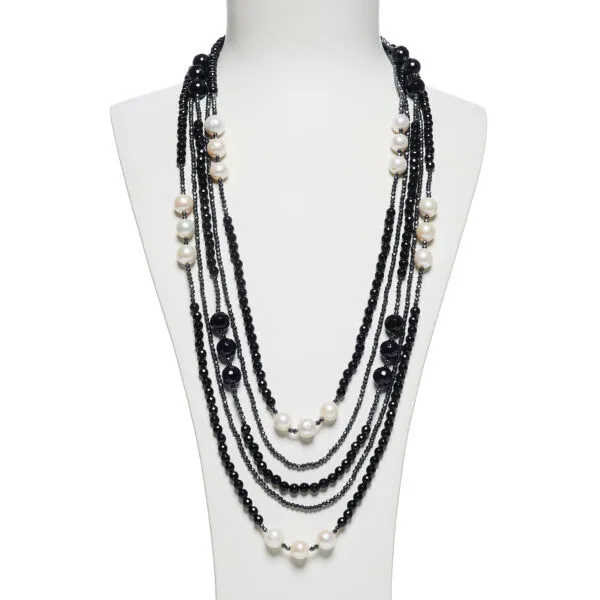 Collana multifilo in Agata Nera, ematite e Perle