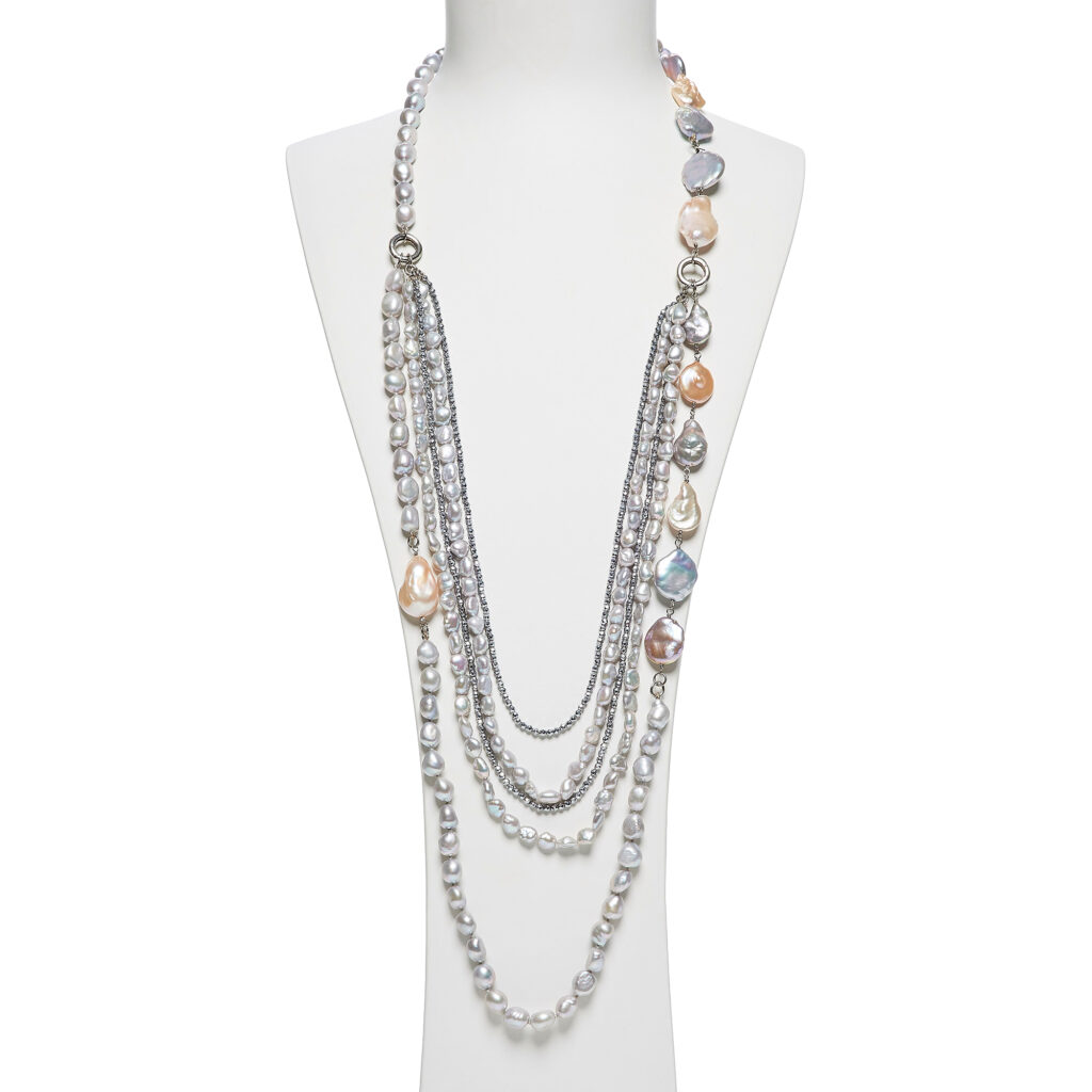 Collana multifilo in Perle grigie ed Ematite rodiata